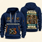 Ironworker Pride in the Trade Quarter-Zip Hoodie in Navy, authentic overlapping front and back views with ironworker artwork and source sample name/year lettering.