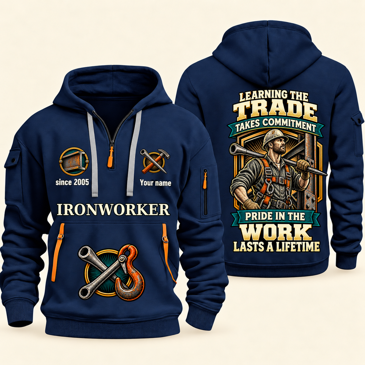 Ironworker Pride in the Trade Quarter-Zip Hoodie in Navy, authentic overlapping front and back views with ironworker artwork and source sample name/year lettering.