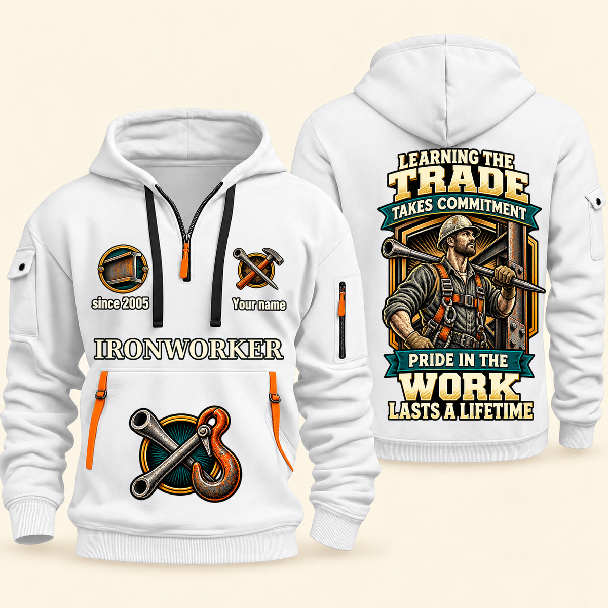 Ironworker Pride in the Trade Quarter-Zip Hoodie in White, authentic overlapping front and back views with ironworker artwork and source sample name/year lettering.
