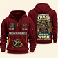 Ironworker Pride in the Trade Quarter-Zip Hoodie in Wine Red, authentic overlapping front and back views with ironworker artwork and source sample name/year lettering.