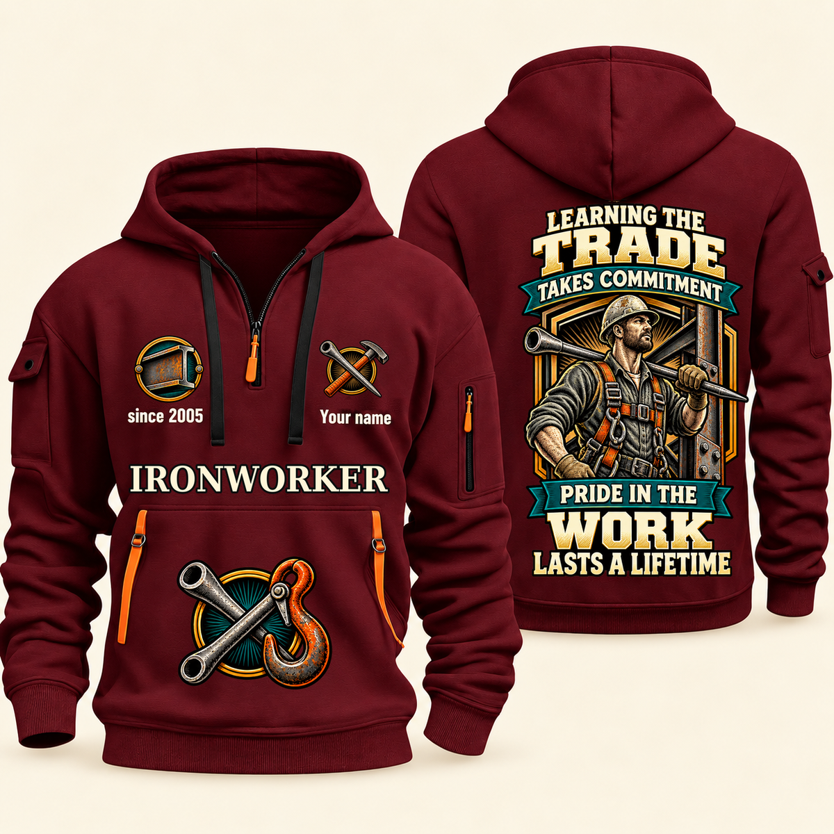 Ironworker Pride in the Trade Quarter-Zip Hoodie in Wine Red, authentic overlapping front and back views with ironworker artwork and source sample name/year lettering.