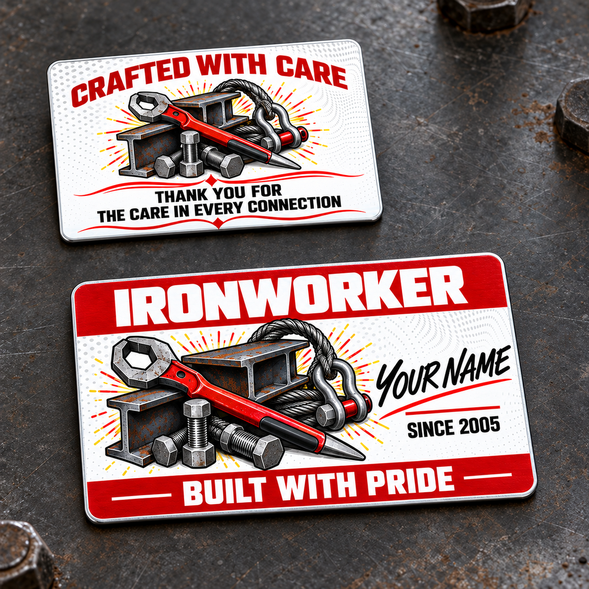 Front and reverse of an Ironworker Red Header aluminum wallet card on graphite steel, with red and white lettering, structural-steel tools and an appreciation message.