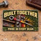 Ironworker Rugged Field Aluminum Wallet Card, complete reverse with olive camouflage and tan printed artwork and structural steel, spud-wrench and bolted ironwork motifs. Fixed illustrative artwork as shown.