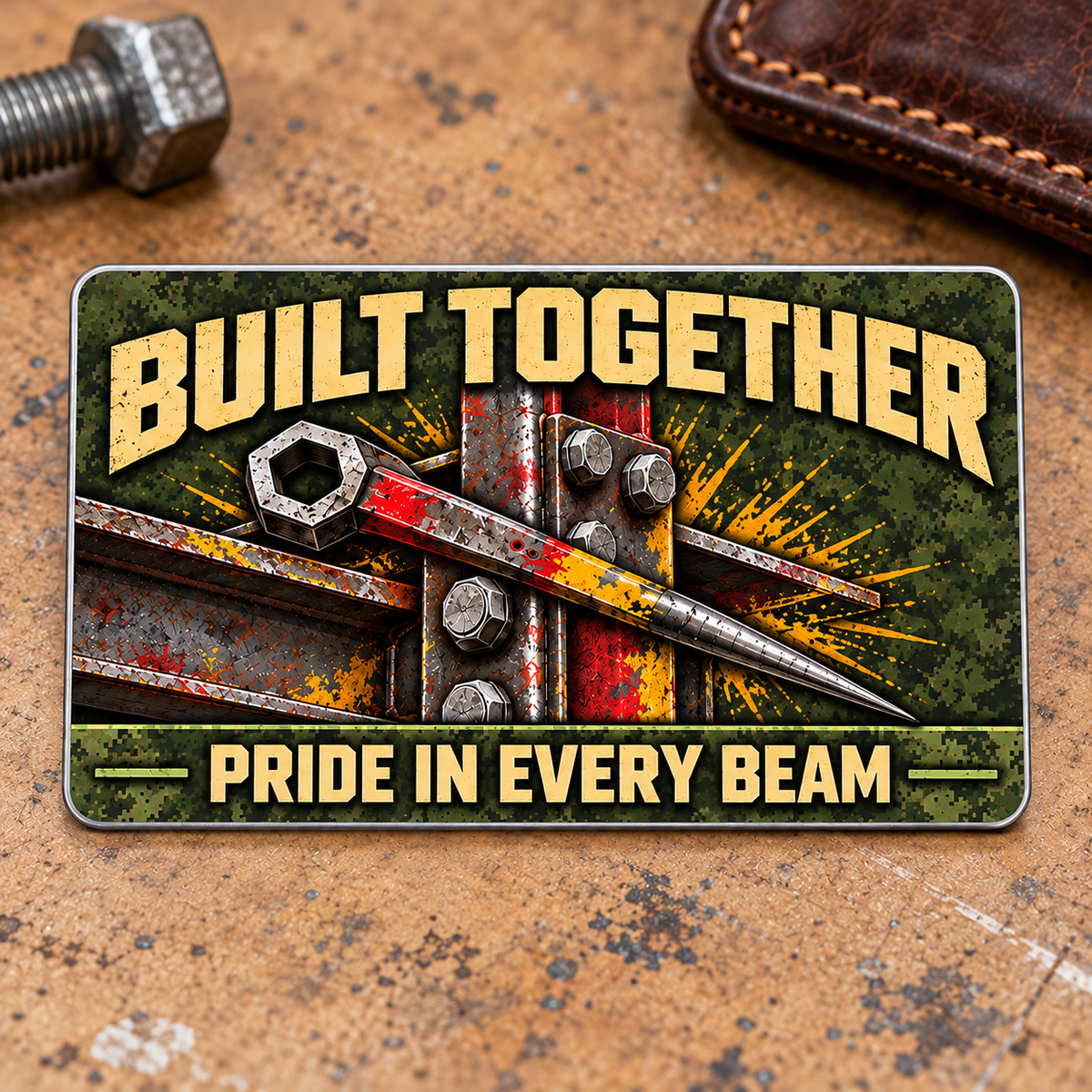 Ironworker Rugged Field Aluminum Wallet Card, complete reverse with olive camouflage and tan printed artwork and structural steel, spud-wrench and bolted ironwork motifs. Fixed illustrative artwork as shown.