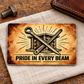 Ironworker Sepia Legacy Aluminum Wallet Card, complete reverse with sepia parchment and black printed artwork and structural steel, spud-wrench and bolted ironwork motifs. Fixed illustrative artwork as shown.