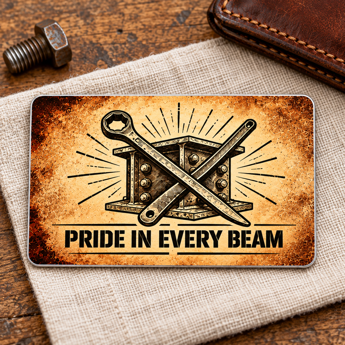 Ironworker Sepia Legacy Aluminum Wallet Card, complete reverse with sepia parchment and black printed artwork and structural steel, spud-wrench and bolted ironwork motifs. Fixed illustrative artwork as shown.