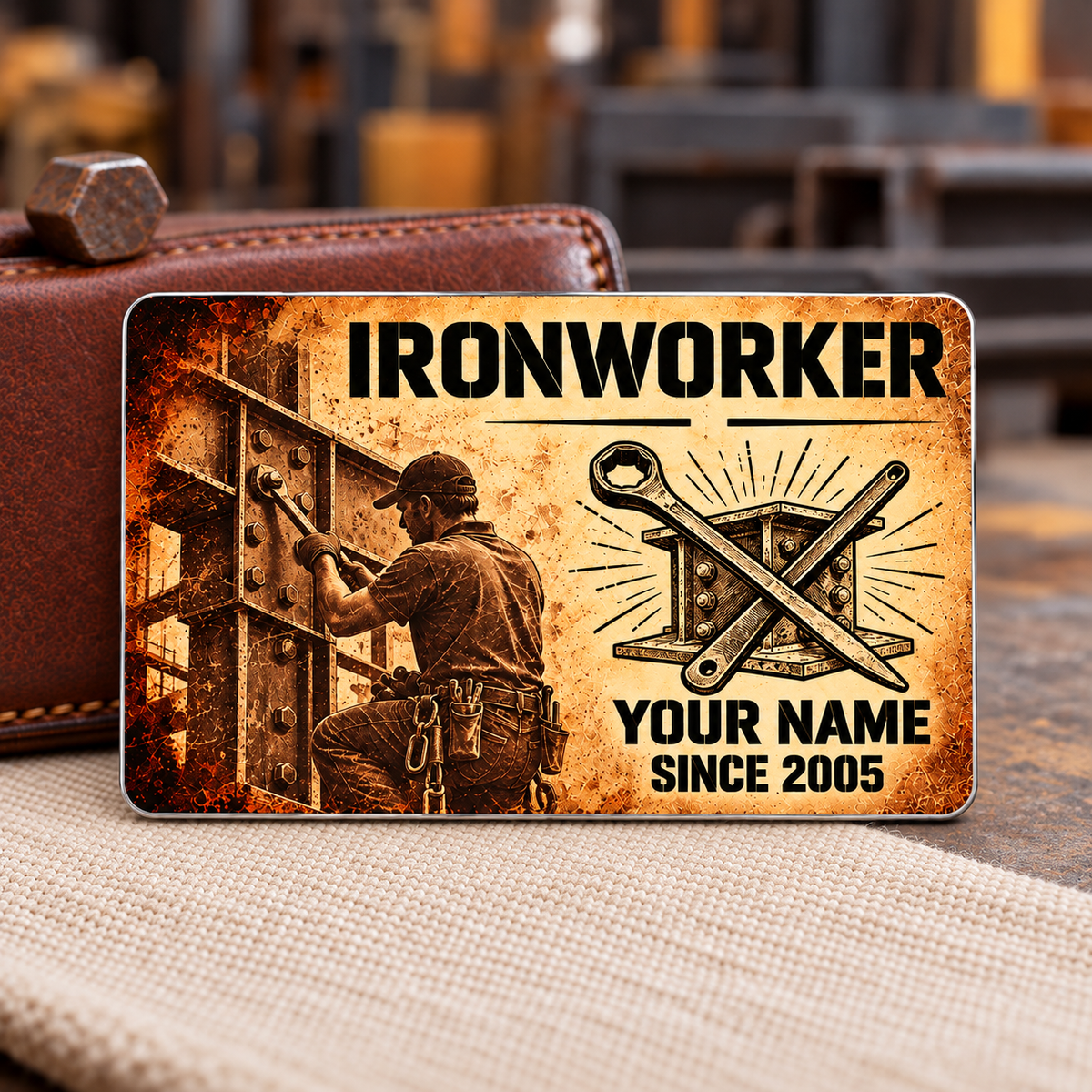 Ironworker Sepia Legacy Aluminum Wallet Card, complete front with sepia parchment and black printed artwork and structural steel, spud-wrench and bolted ironwork motifs. Fixed illustrative artwork as shown.