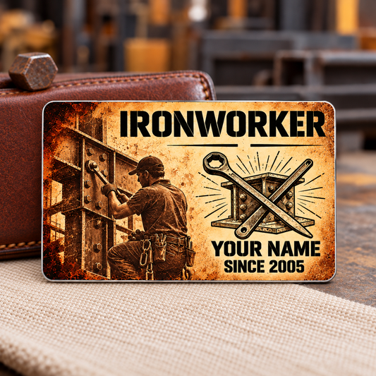 Ironworker Sepia Legacy Aluminum Wallet Card, complete front with sepia parchment and black printed artwork and structural steel, spud-wrench and bolted ironwork motifs. Fixed illustrative artwork as shown.