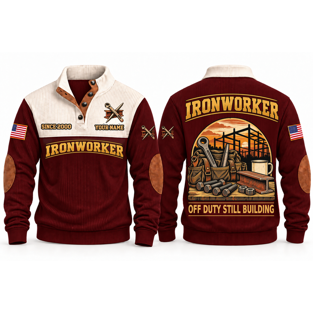 Ironworker Steel Shift Sports Sweatshirt in Jujube Red, front and back garment views with steelworkers tool bag, connecting tools, steel frame and coffee mug, off-duty trade equipment scene, OFF DUTY STILL BUILDING lettering and source sample YOUR NAME and SINCE 2000 text.