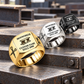 Gold-led Ironworker Signature Crest rings receding across bolted steel steps, with Silver center and Black upper right