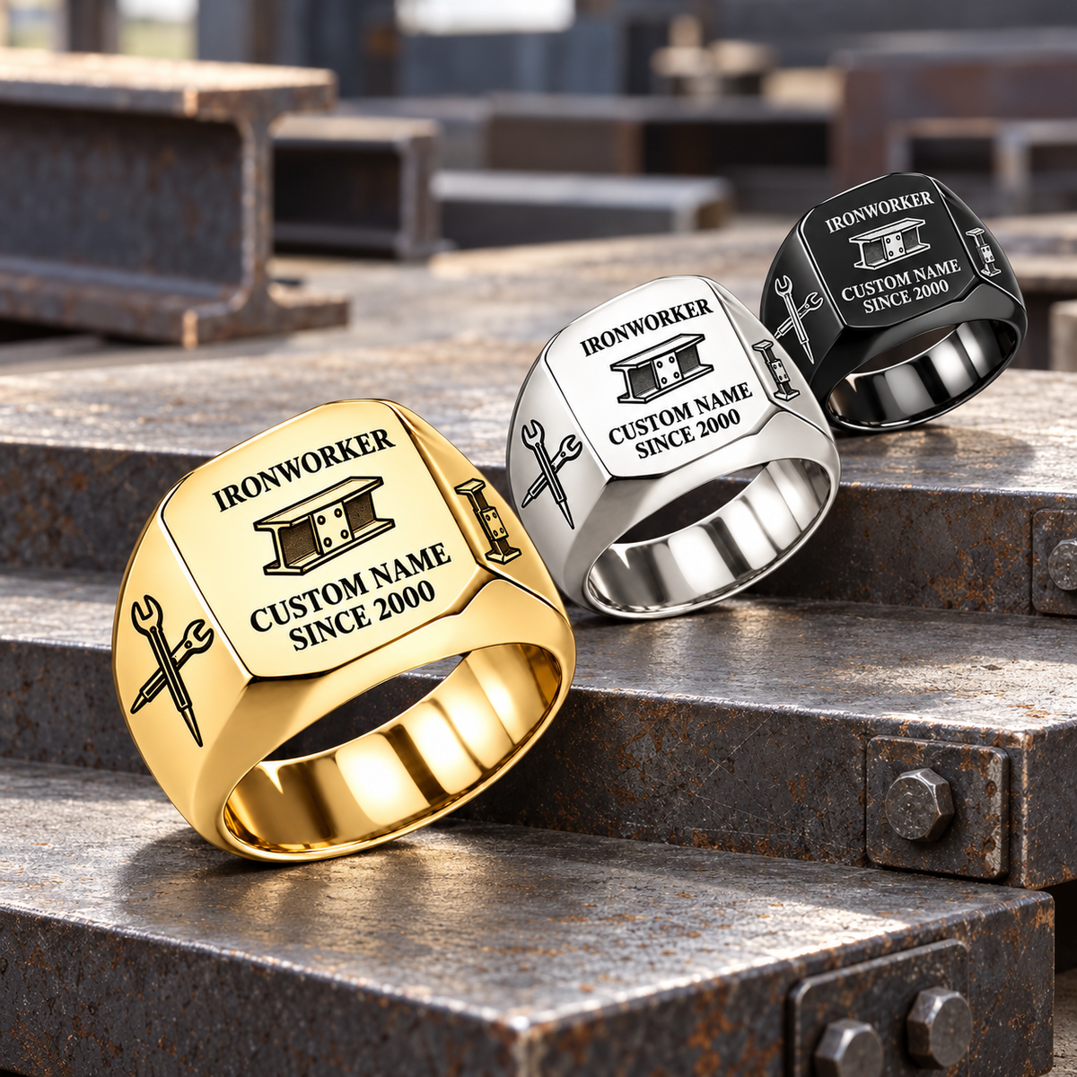 Gold-led Ironworker Signature Crest rings receding across bolted steel steps, with Silver center and Black upper right