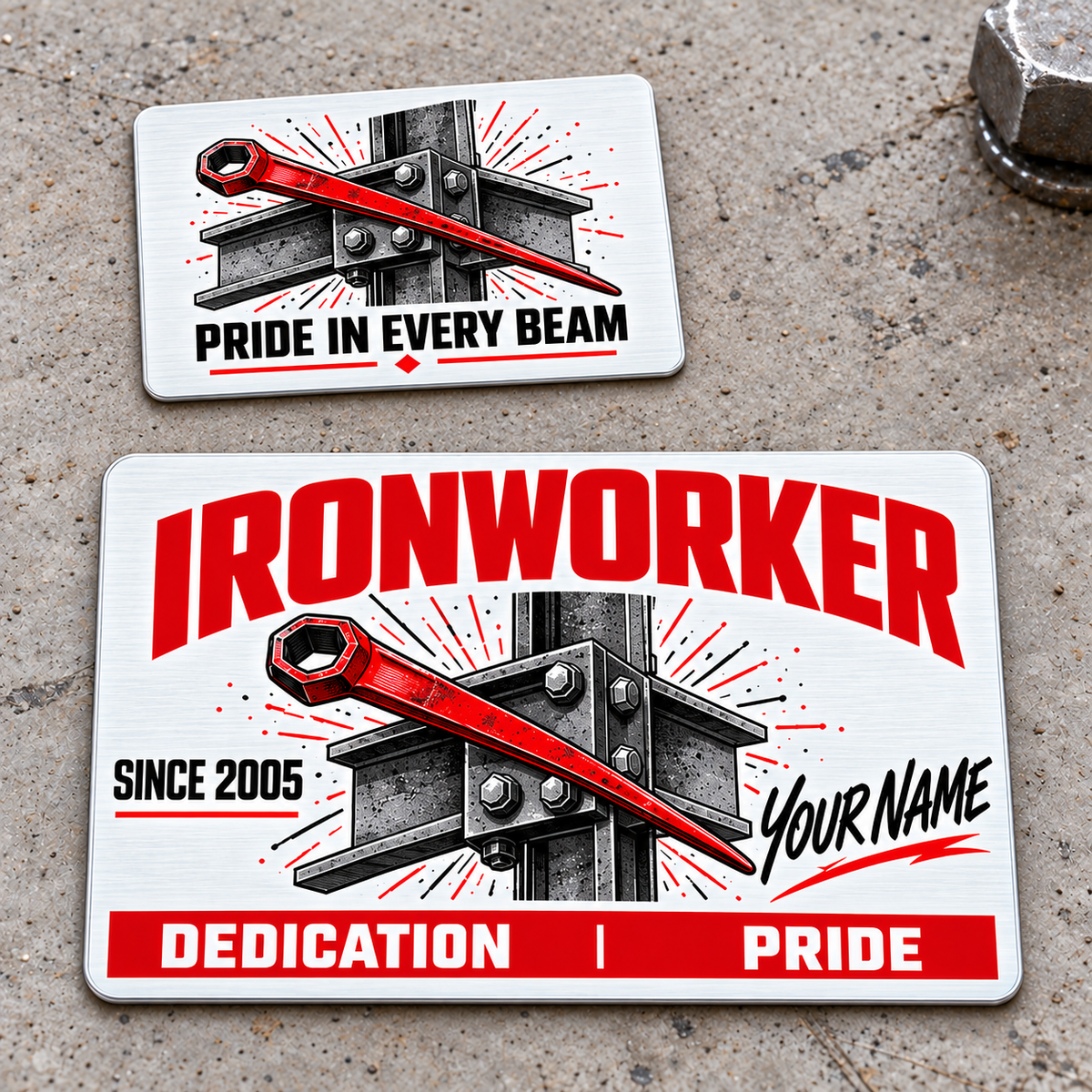 Ironworker Signature Modern Aluminum Wallet Card, complete front and reverse with white red and graphite printed artwork and structural steel, spud-wrench and bolted ironwork motifs. Fixed illustrative artwork as shown.