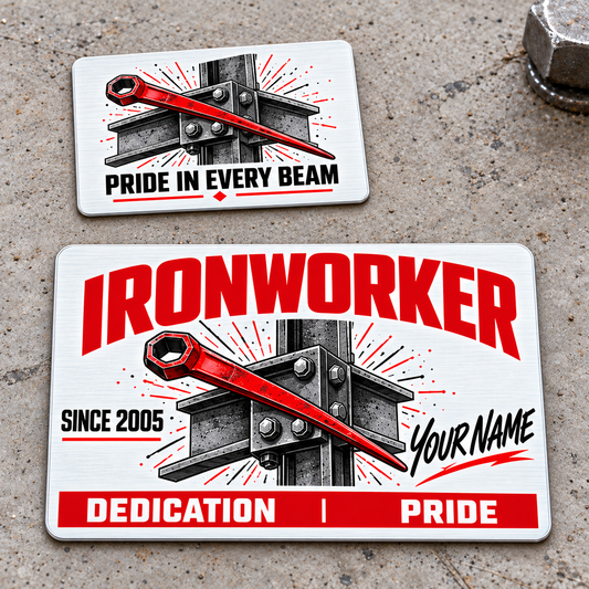 Ironworker Signature Modern Aluminum Wallet Card, complete front and reverse with white red and graphite printed artwork and structural steel, spud-wrench and bolted ironwork motifs. Fixed illustrative artwork as shown.