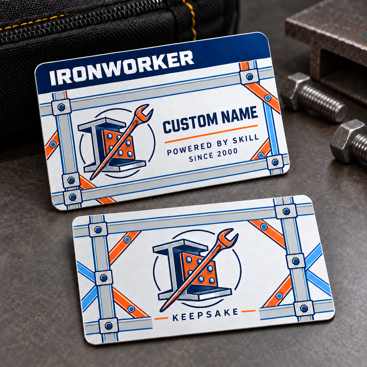 Ironworker Aluminum Wallet Card - Signature Stripe – product view with CUSTOM NAME and SINCE 2000