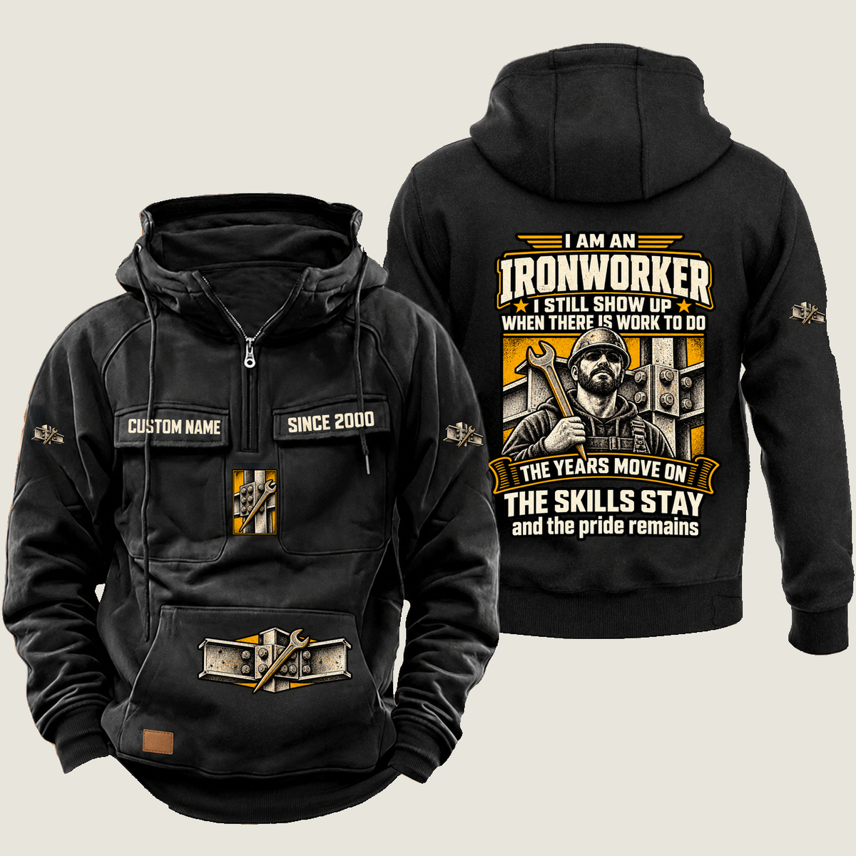 Ironworker Skills and Pride Vintage Hoodie in Black, source-faithful front and back views with a trade portrait, experience-themed lettering and coordinated sleeve, chest and pouch emblems, and illustrative CUSTOM NAME and SINCE 2000 samples.