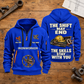 Ironworker Skills Stay With You Quarter-Zip Hoodie in Blue, full authentic front and back views with matching ironworker tools and equipment artwork, original sample name/year and Skills Stay With You slogan. On a ironworker workbench.