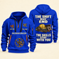 Ironworker Skills Stay With You Quarter-Zip Hoodie in Blue, full authentic front and back views with matching ironworker tools and equipment artwork, original sample name/year and Skills Stay With You slogan.