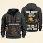 Ironworker Skills Stay With You Quarter-Zip Hoodie in Gray, full authentic front and back views with matching ironworker tools and equipment artwork, original sample name/year and Skills Stay With You slogan.