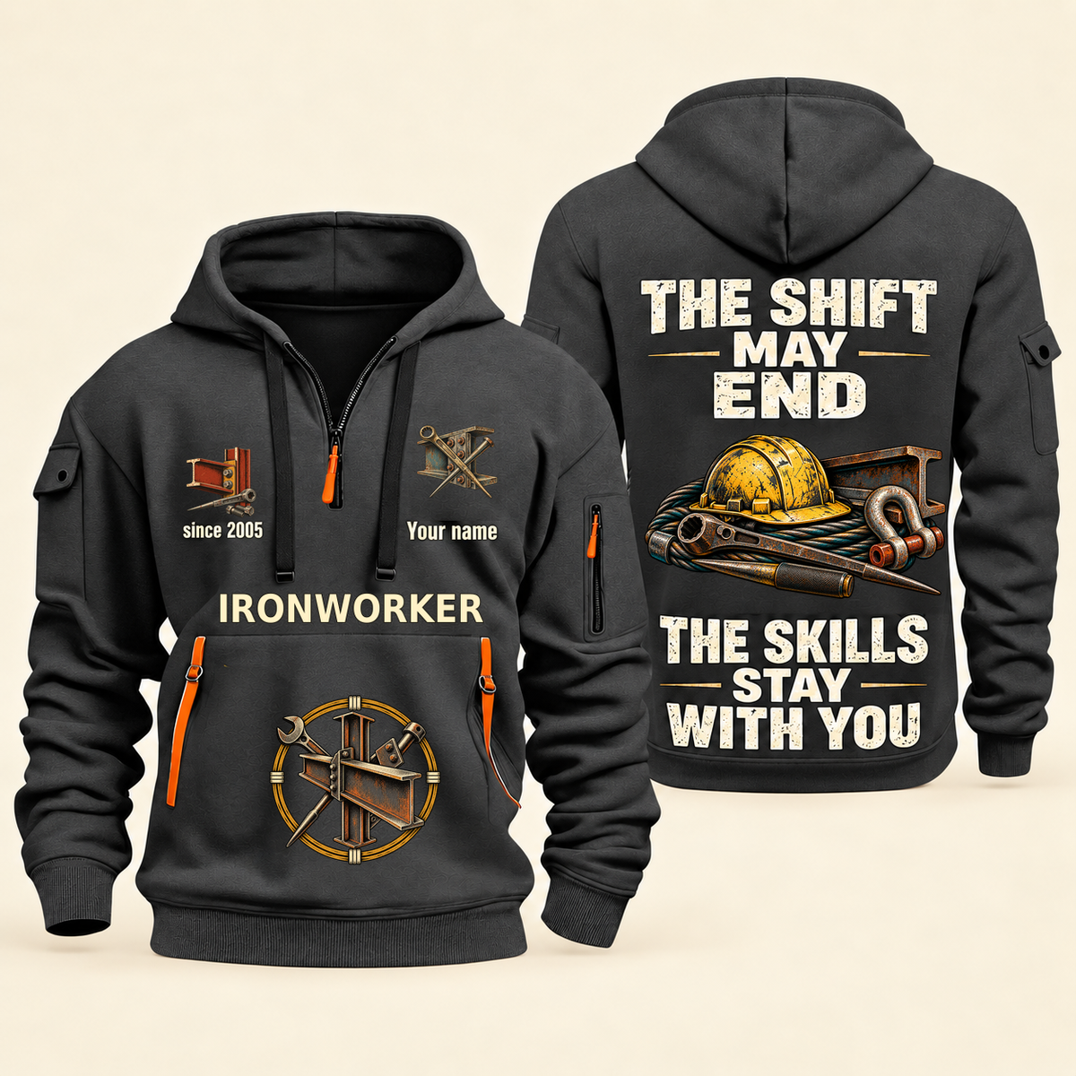 Ironworker Skills Stay With You Quarter-Zip Hoodie in Gray, full authentic front and back views with matching ironworker tools and equipment artwork, original sample name/year and Skills Stay With You slogan.