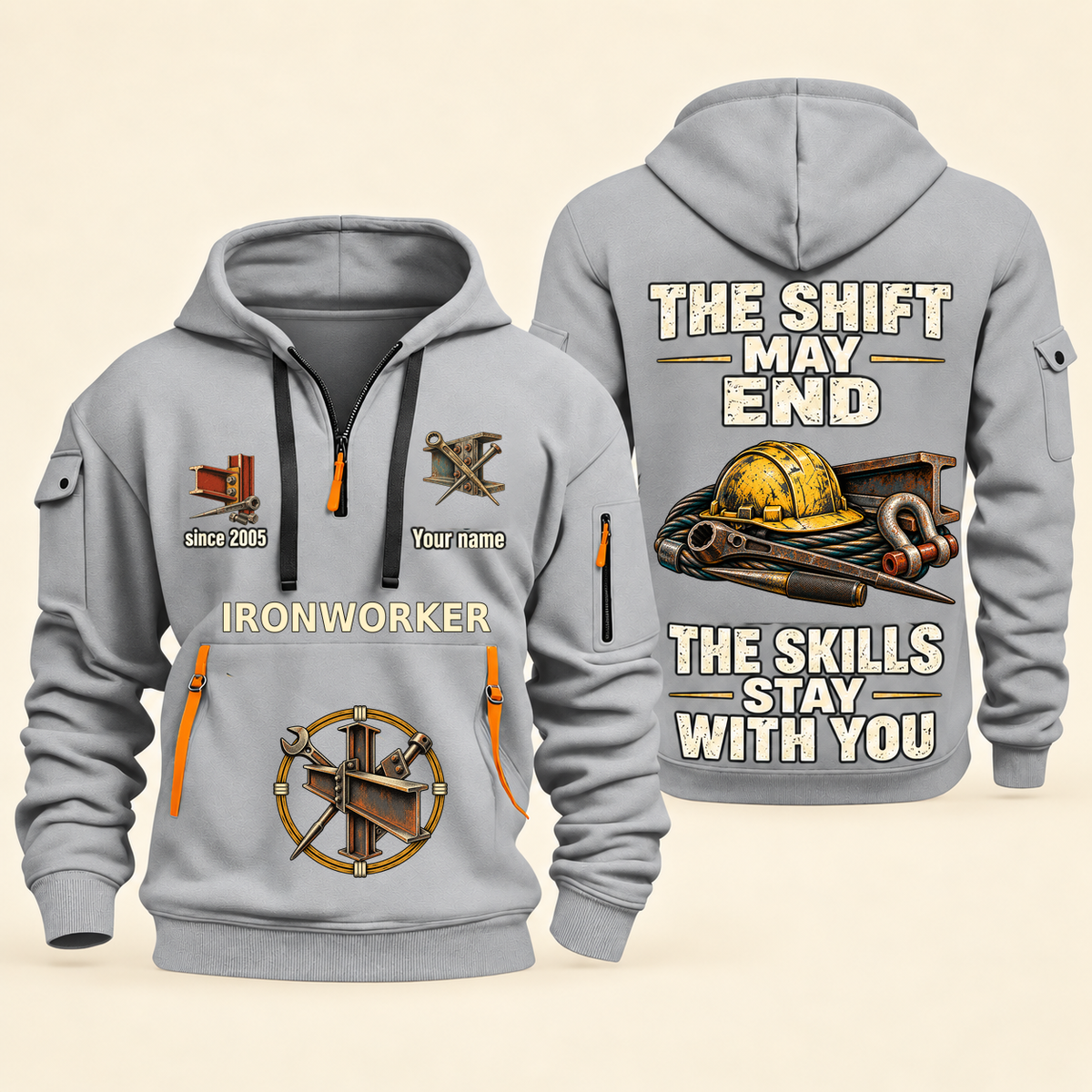 Ironworker Skills Stay With You Quarter-Zip Hoodie in Light Grey, full authentic front and back views with matching ironworker tools and equipment artwork, original sample name/year and Skills Stay With You slogan.