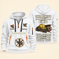 Ironworker Skills Stay With You Quarter-Zip Hoodie in White, full authentic front and back views with matching ironworker tools and equipment artwork, original sample name/year and Skills Stay With You slogan.