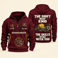 Ironworker Skills Stay With You Quarter-Zip Hoodie in Wine Red, full authentic front and back views with matching ironworker tools and equipment artwork, original sample name/year and Skills Stay With You slogan.