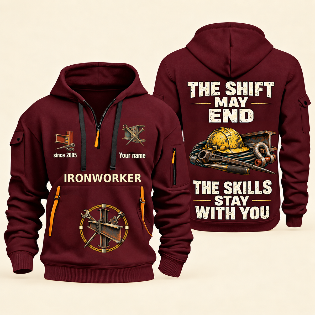 Ironworker Skills Stay With You Quarter-Zip Hoodie in Wine Red, full authentic front and back views with matching ironworker tools and equipment artwork, original sample name/year and Skills Stay With You slogan.