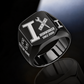 Black-finish Ironworker Split Emblem signet ring with I-beam, bolted plate and pointed spud-wrench engraving, and illustrated CUSTOM NAME and SINCE 2000 text