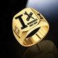 Gold-finish Ironworker Split Emblem signet ring with I-beam, bolted plate and pointed spud-wrench engraving, and illustrated CUSTOM NAME and SINCE 2000 text
