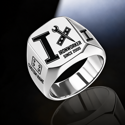Silver-finish Ironworker Split Emblem signet ring with I-beam, bolted plate and pointed spud-wrench engraving, and illustrated CUSTOM NAME and SINCE 2000 text