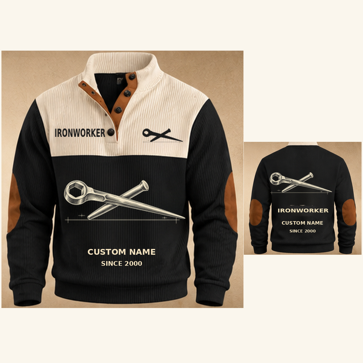 Ironworker Steel Planner Sports Sweatshirt in Black, original garment front and back views with cream technical spud wrench and connecting pin artwork, occupation lettering, cream front yoke and plain tan elbow patches.; visible custom-name and SINCE 2000 sample text on the garment.