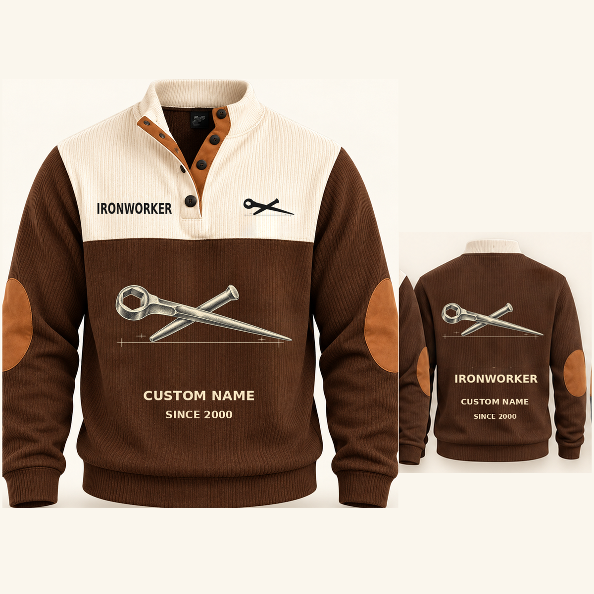 Ironworker Steel Planner Sports Sweatshirt in Brown, original garment front and back views with cream technical spud wrench and connecting pin artwork, occupation lettering, cream front yoke and plain tan elbow patches.; visible custom-name and SINCE 2000 sample text on the garment.