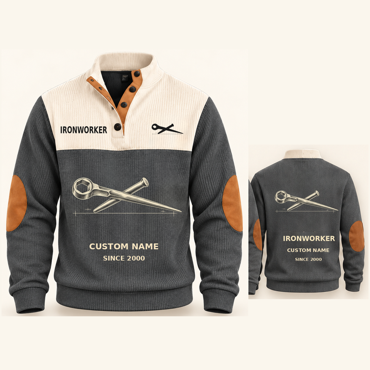 Ironworker Steel Planner Sports Sweatshirt in Grey, original garment front and back views with cream technical spud wrench and connecting pin artwork, occupation lettering, cream front yoke and plain tan elbow patches.; visible custom-name and SINCE 2000 sample text on the garment.