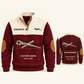Ironworker Steel Planner Sports Sweatshirt in Jujube Red, original garment front and back views with cream technical spud wrench and connecting pin artwork, occupation lettering, cream front yoke and plain tan elbow patches.; visible custom-name and SINCE 2000 sample text on the garment.