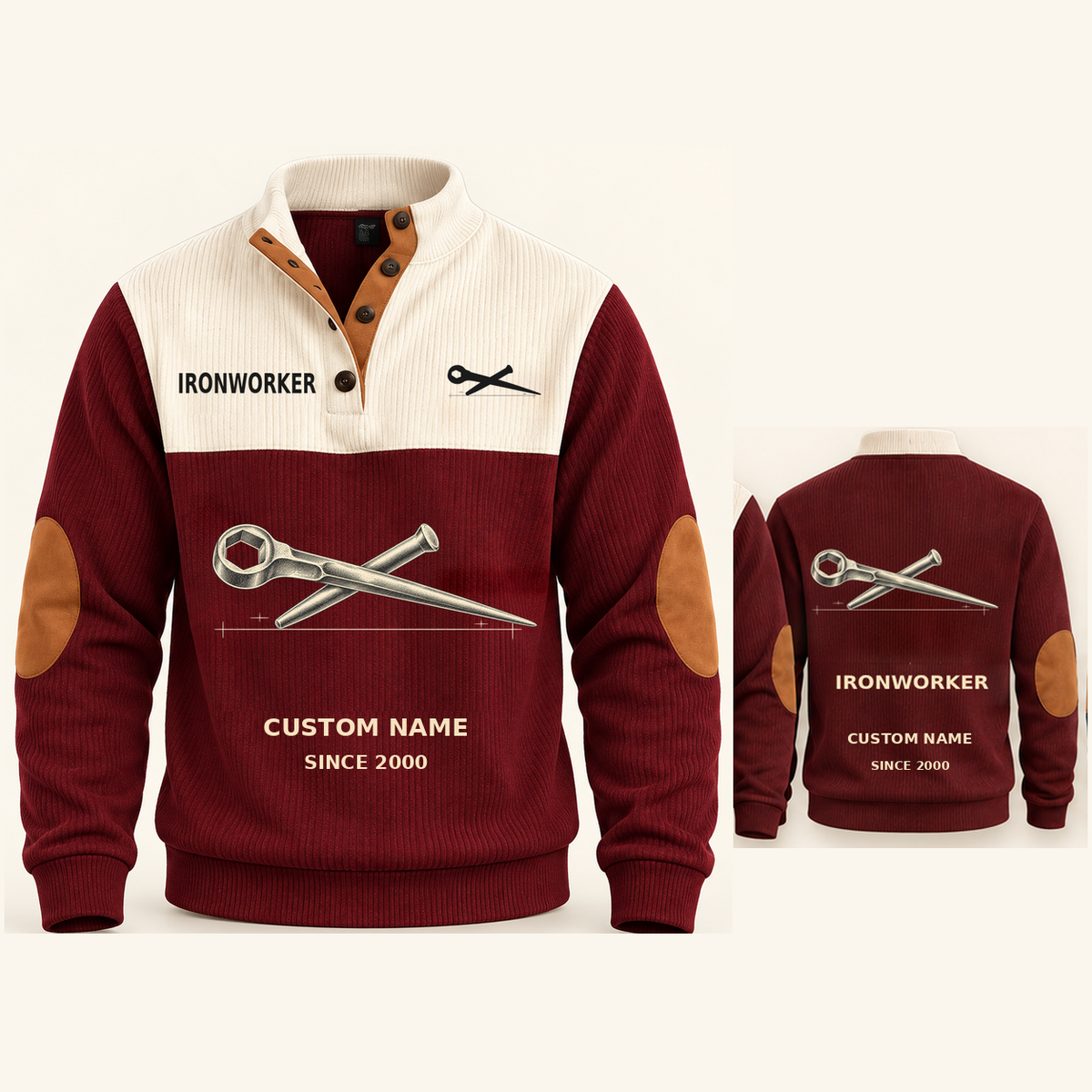 Ironworker Steel Planner Sports Sweatshirt in Jujube Red, original garment front and back views with cream technical spud wrench and connecting pin artwork, occupation lettering, cream front yoke and plain tan elbow patches.; visible custom-name and SINCE 2000 sample text on the garment.