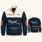 Ironworker Steel Planner Sports Sweatshirt in Navy, original garment front and back views with cream technical spud wrench and connecting pin artwork, occupation lettering, cream front yoke and plain tan elbow patches.; visible custom-name and SINCE 2000 sample text on the garment.