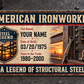 Ironworker Structural Legacy aluminum wallet card reverse, with American Ironworker header, Steel Legend shield, illustrative name and date lettering, and structural steelwork.