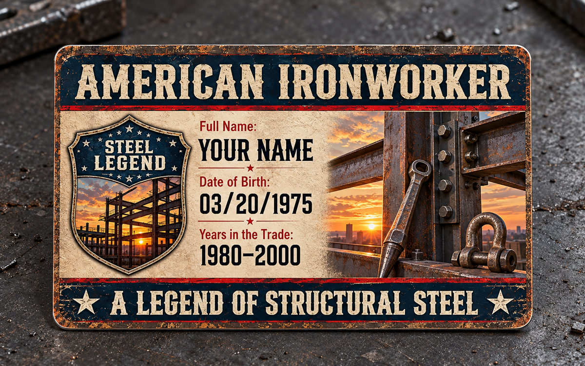Ironworker Structural Legacy aluminum wallet card reverse, with American Ironworker header, Steel Legend shield, illustrative name and date lettering, and structural steelwork.