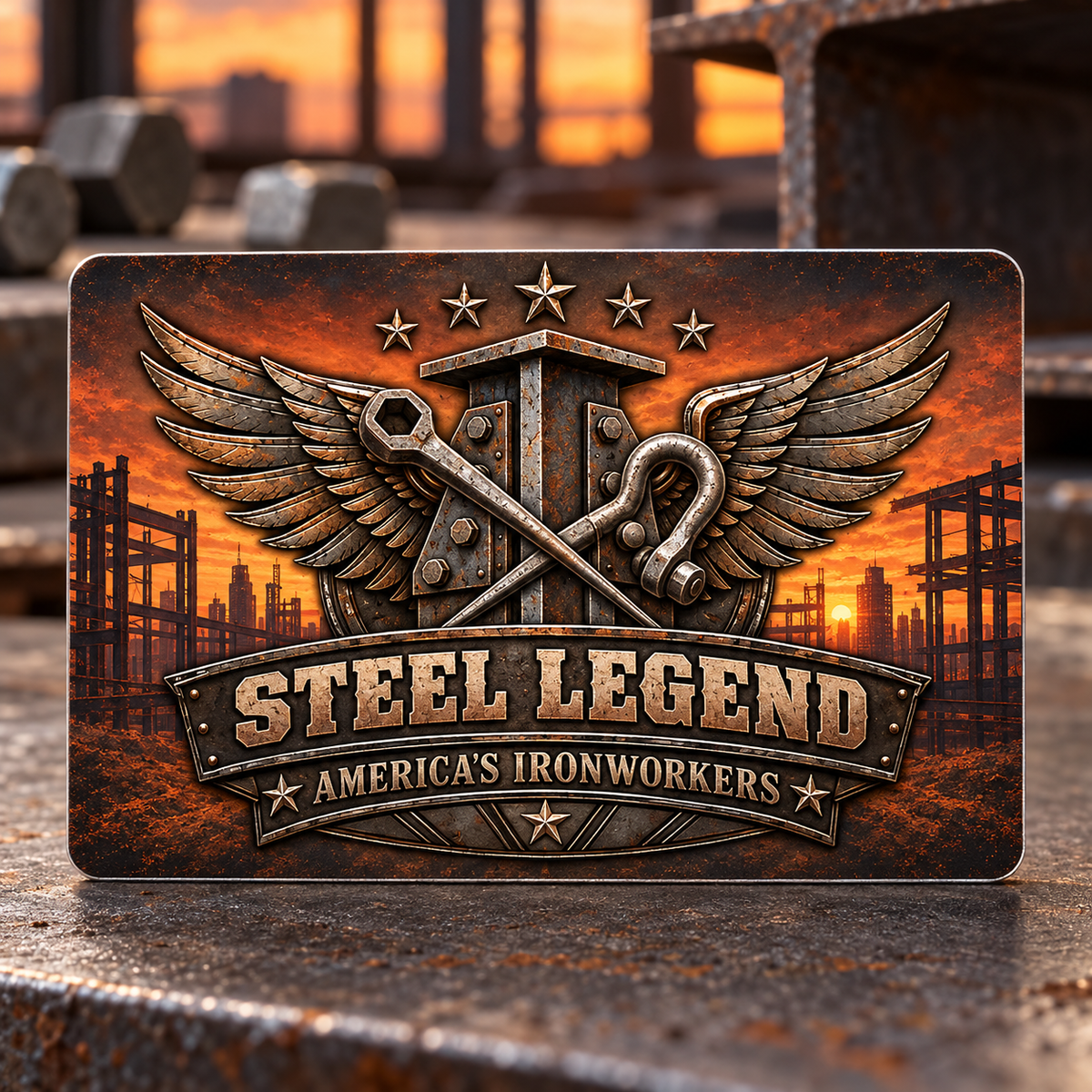 Ironworker Structural Legacy aluminum wallet card front with a winged Steel Legend emblem, bolted steel beam, tapered wrench and rigging shackle in sunset bronze.