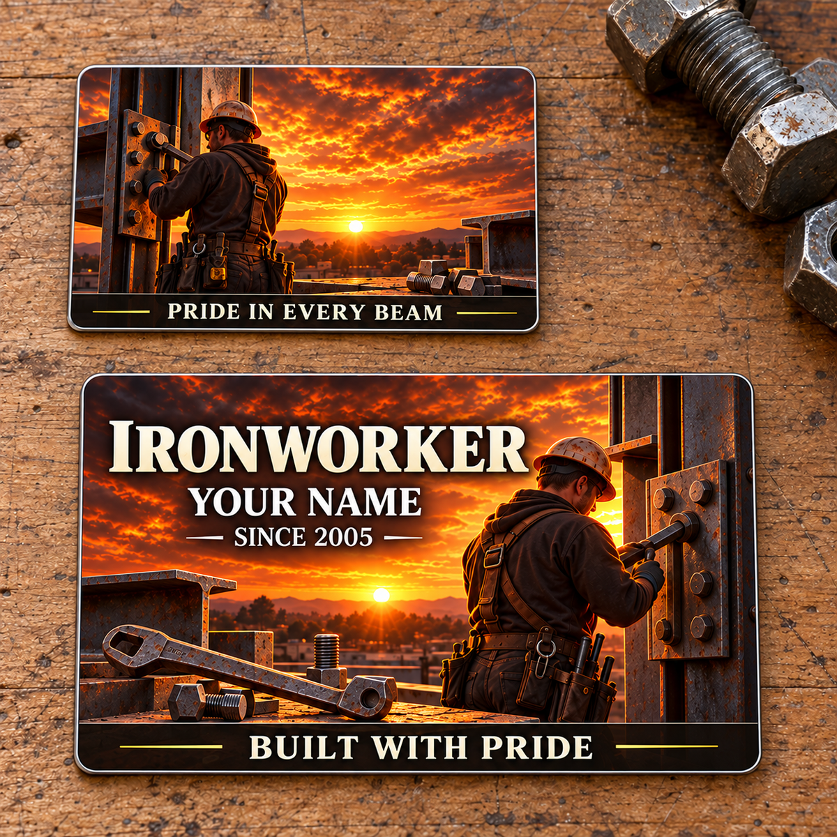 Ironworker Sunset Workday Aluminum Wallet Card, complete front and reverse with amber sunset and cream printed artwork and structural steel, spud-wrench and bolted ironwork motifs. Fixed illustrative artwork as shown.