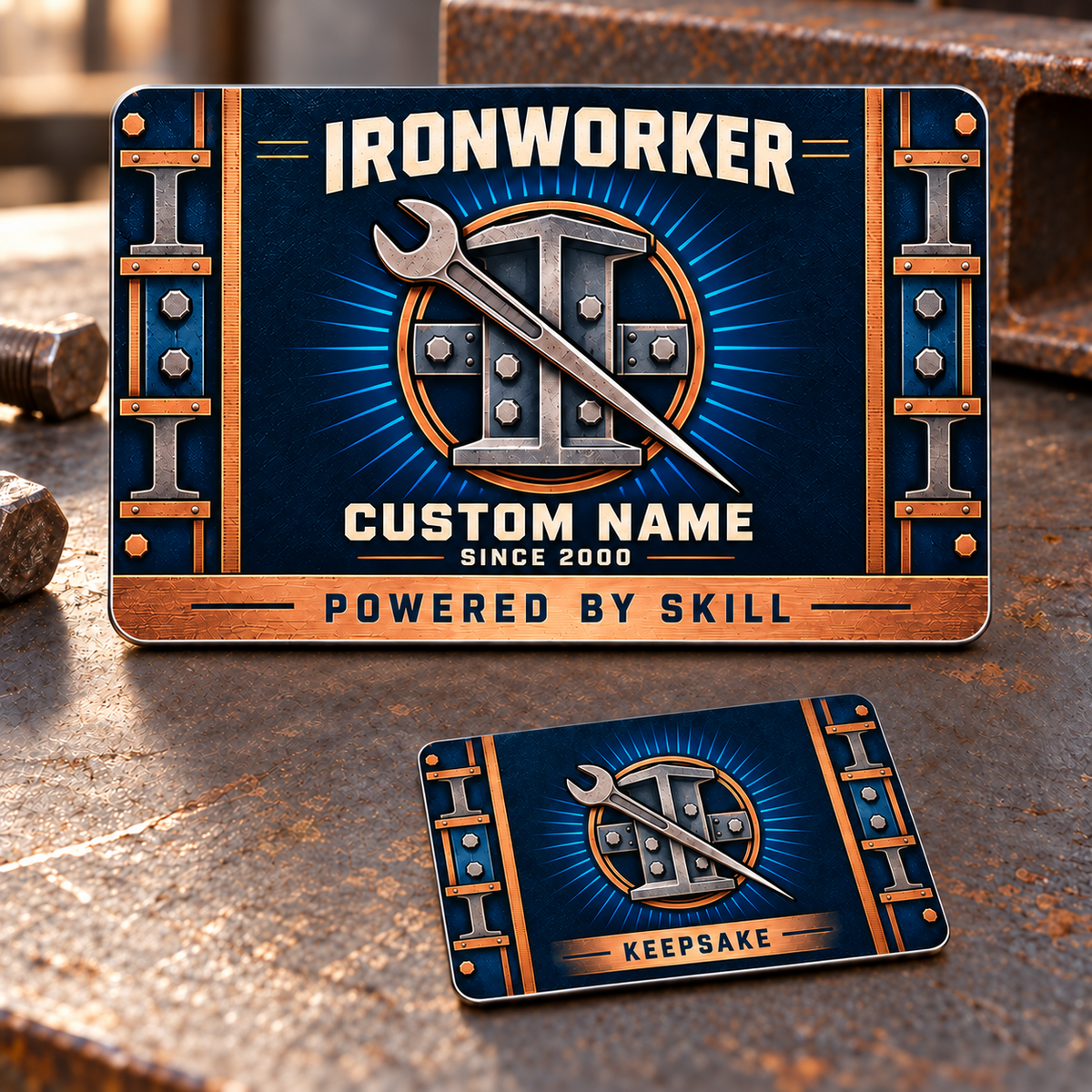Ironworker Aluminum Wallet Card - Toolmark Heritage – product view with CUSTOM NAME and SINCE 2000