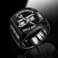 Black-finish Ironworker Trade Emblem signet ring with structural I-beam, bolted plate, pointed spud wrench and illustrated CUSTOM NAME and SINCE 2000 text