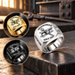 Silver-led Ironworker Trade Emblem signet ring with Gold and Black circular finish insets on a stationary bolted-steel workbench