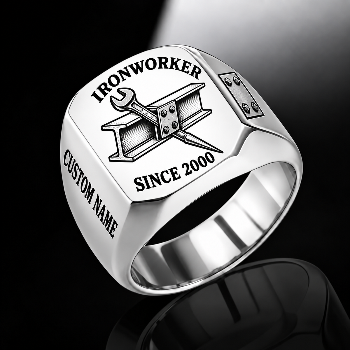 Silver-finish Ironworker Trade Emblem signet ring with structural I-beam, bolted plate, pointed spud wrench and illustrated CUSTOM NAME and SINCE 2000 text