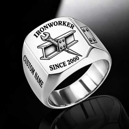 Silver-finish Ironworker Trade Emblem signet ring with structural I-beam, bolted plate, pointed spud wrench and illustrated CUSTOM NAME and SINCE 2000 text