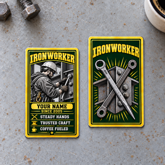 Ironworker Trade Legend Aluminum Wallet Card, complete front and reverse with dark green and gold printed artwork and structural steel, spud-wrench and bolted ironwork motifs. Fixed illustrative artwork as shown.