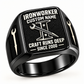 Black-finish Ironworker Craft Runs Deep signet ring with pale bolted I-beam and pointed spud-wrench engraving