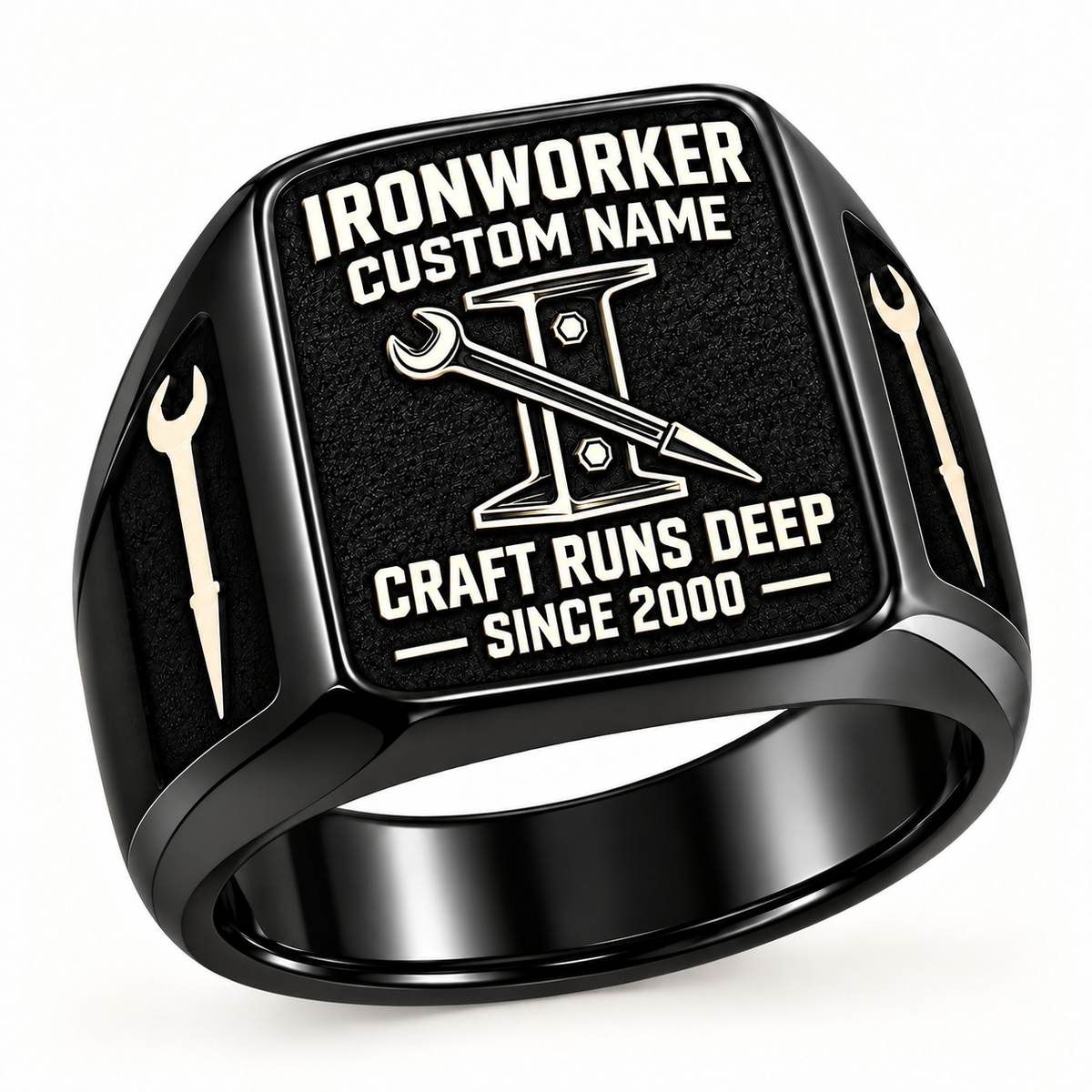 Black-finish Ironworker Craft Runs Deep signet ring with pale bolted I-beam and pointed spud-wrench engraving