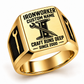 Gold-finish Ironworker Craft Runs Deep signet ring with dark bolted I-beam and pointed spud-wrench engraving
