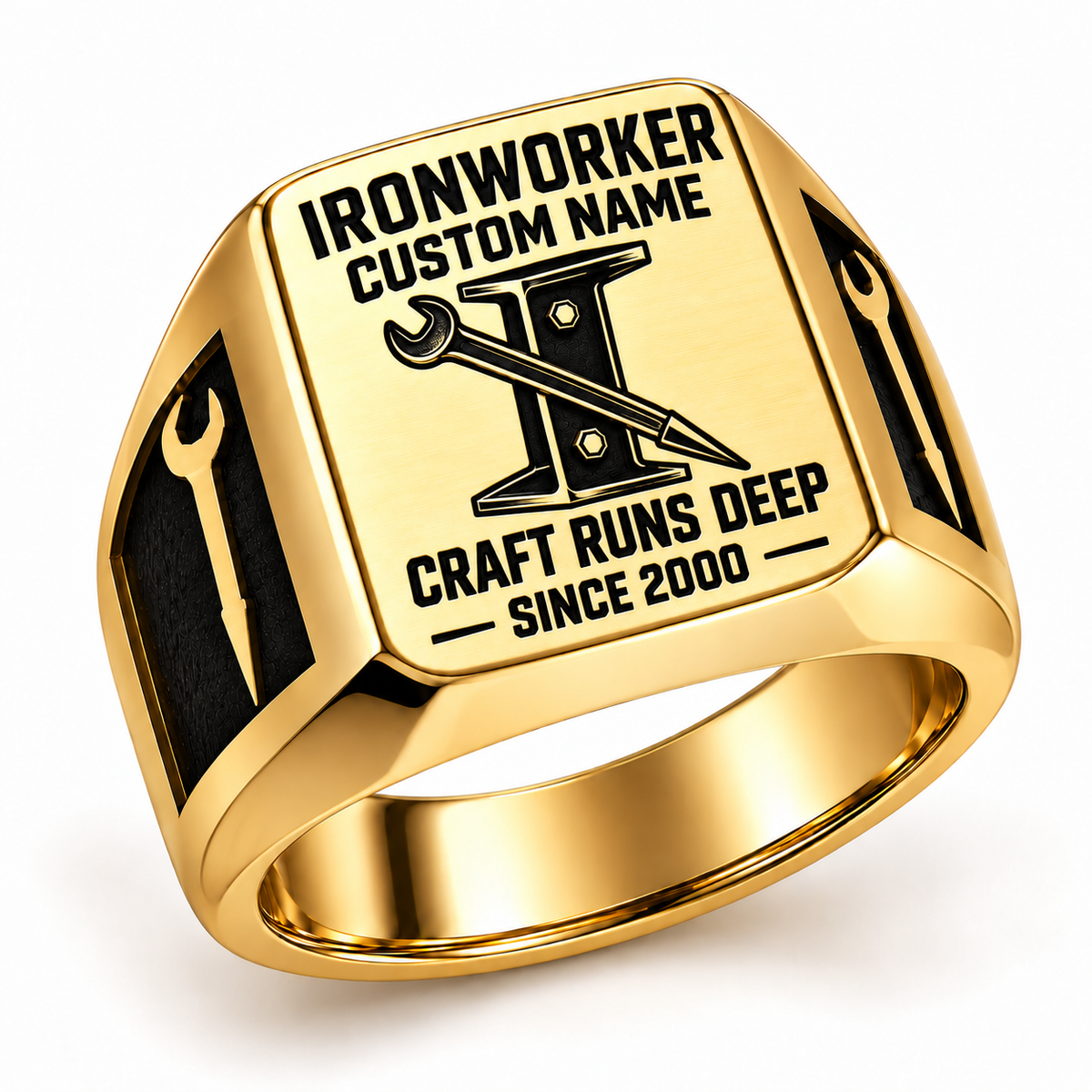 Gold-finish Ironworker Craft Runs Deep signet ring with dark bolted I-beam and pointed spud-wrench engraving